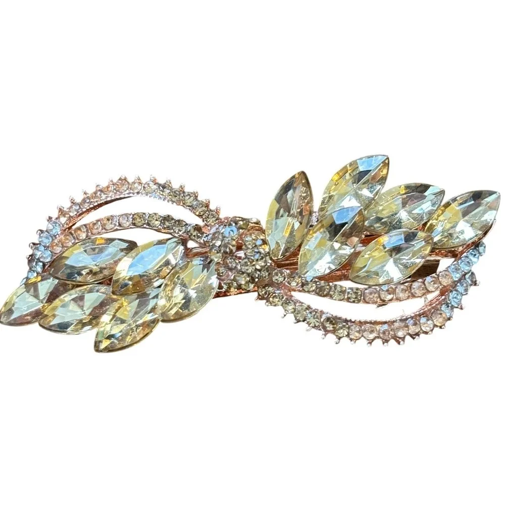 Sparkling Crystal Leaf Design Barrette Rose Gold Tone Women Hair Clip Accessory